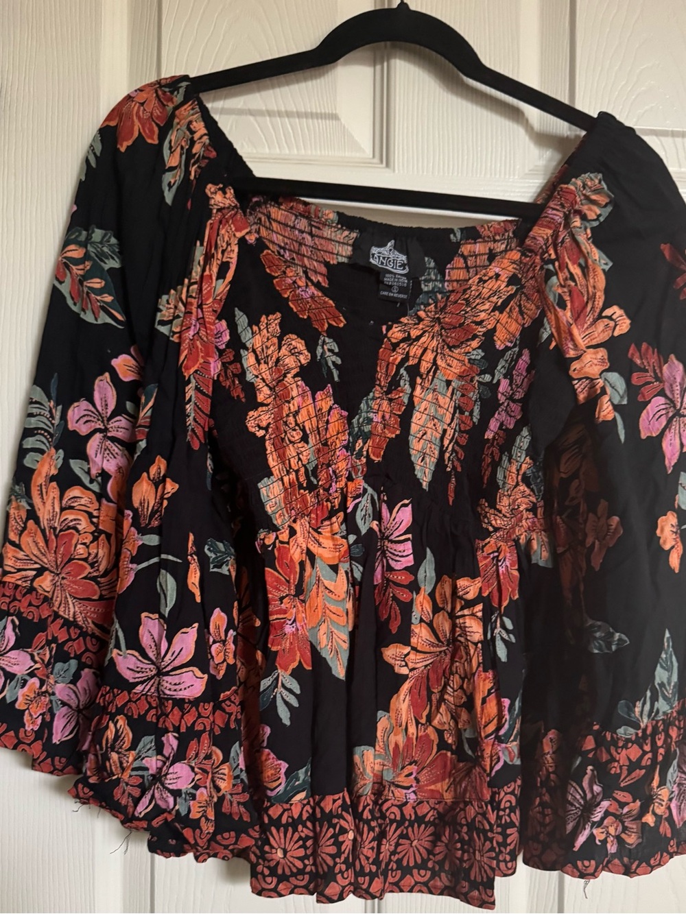 NWT Angie Black Floral Smocked Blouse with Orange and Pink Print, Various Sizes